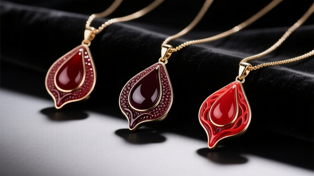 Three blood drip necklace pendants in shades of crimson, oxidized burgundy, and bright arterial red resting on dark black velvet