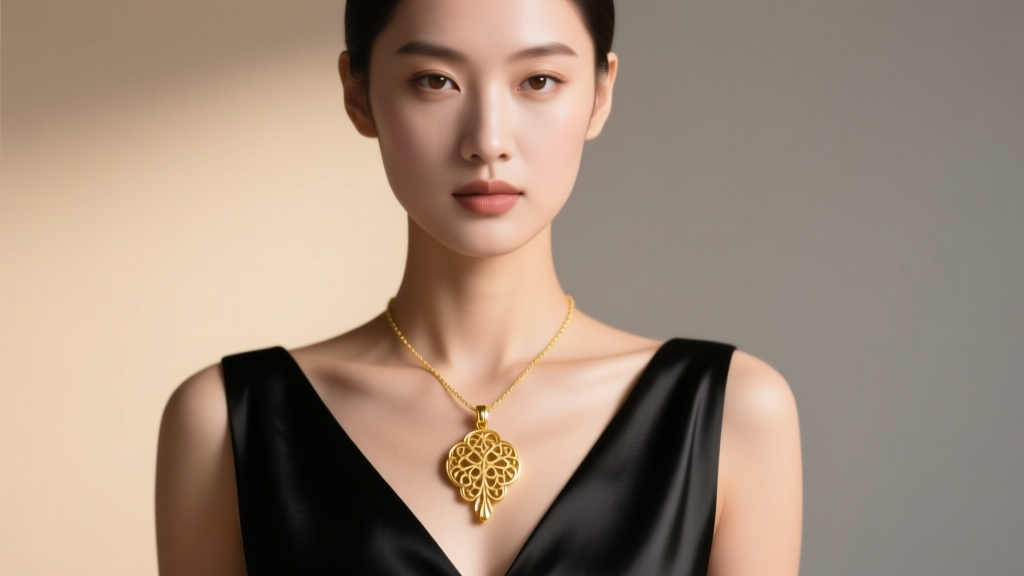 Close-up of a model wearing an 18k gold pendant on a black silk v-neck dress, soft light highlighting the metal drape