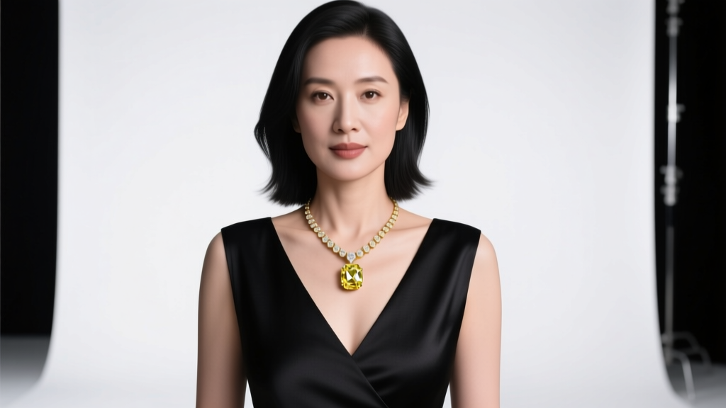 Woman in a black V-neck dress wearing an 18-inch 18k yellow gold diamond solitaire pendant necklace, elegant studio lighting, front.