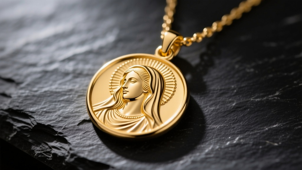 Macro shot of a 14k yellow gold Mary medallion necklace on dark slate, highlighting intricate die-struck portrait details.