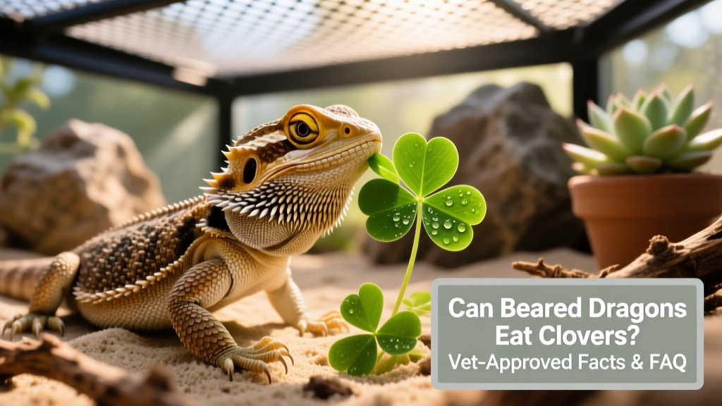 A bearded dragon gently nibbling fresh, bright green clover leaves in its enclosure