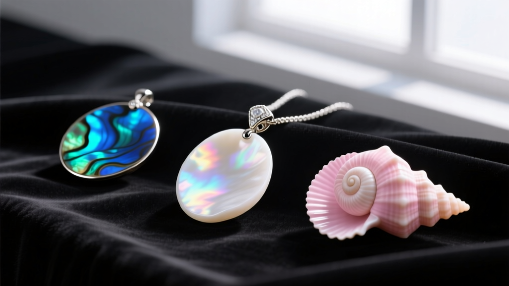 Macro shot of three shell pendants: white Mother of Pearl, vibrant blue Paua abalone, and pink Conch shell resting on dark velvet.