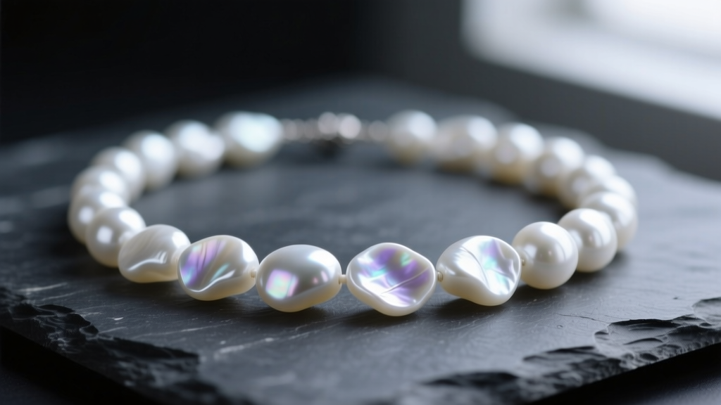 Close-up of an irregular white freshwater baroque pearl necklace on dark slate, soft lighting highlighting the nacre luster.