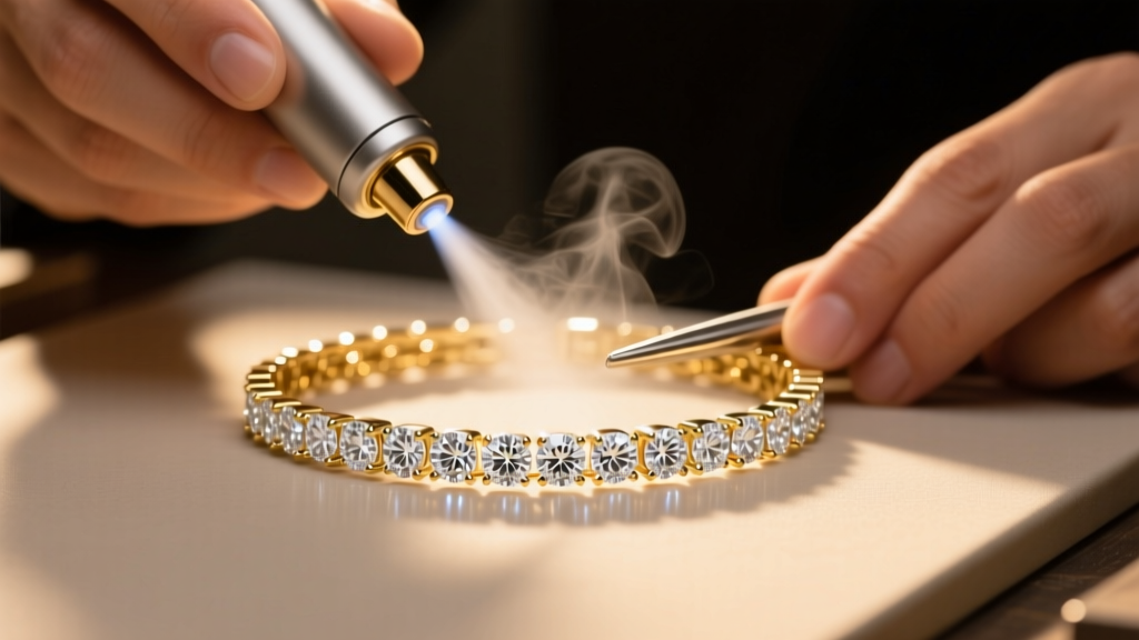Jeweler using a steam cleaner on a white gold tennis bracelet, with warm backlighting highlighting the sparkling diamond facets