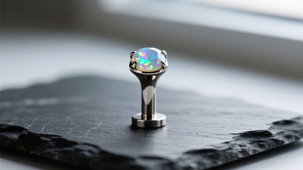Macro shot of an 18-gauge implant-grade titanium labret post with a 4mm opal cabochon top, resting on dark slate.