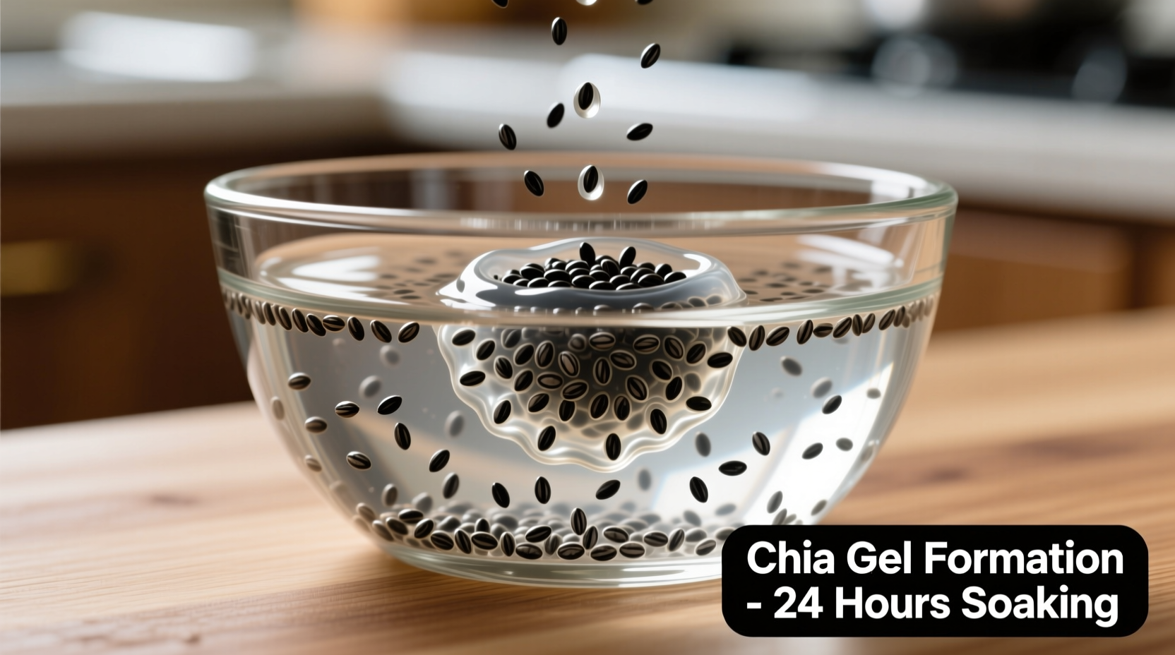 Chia seeds soaking in water showing gel formation