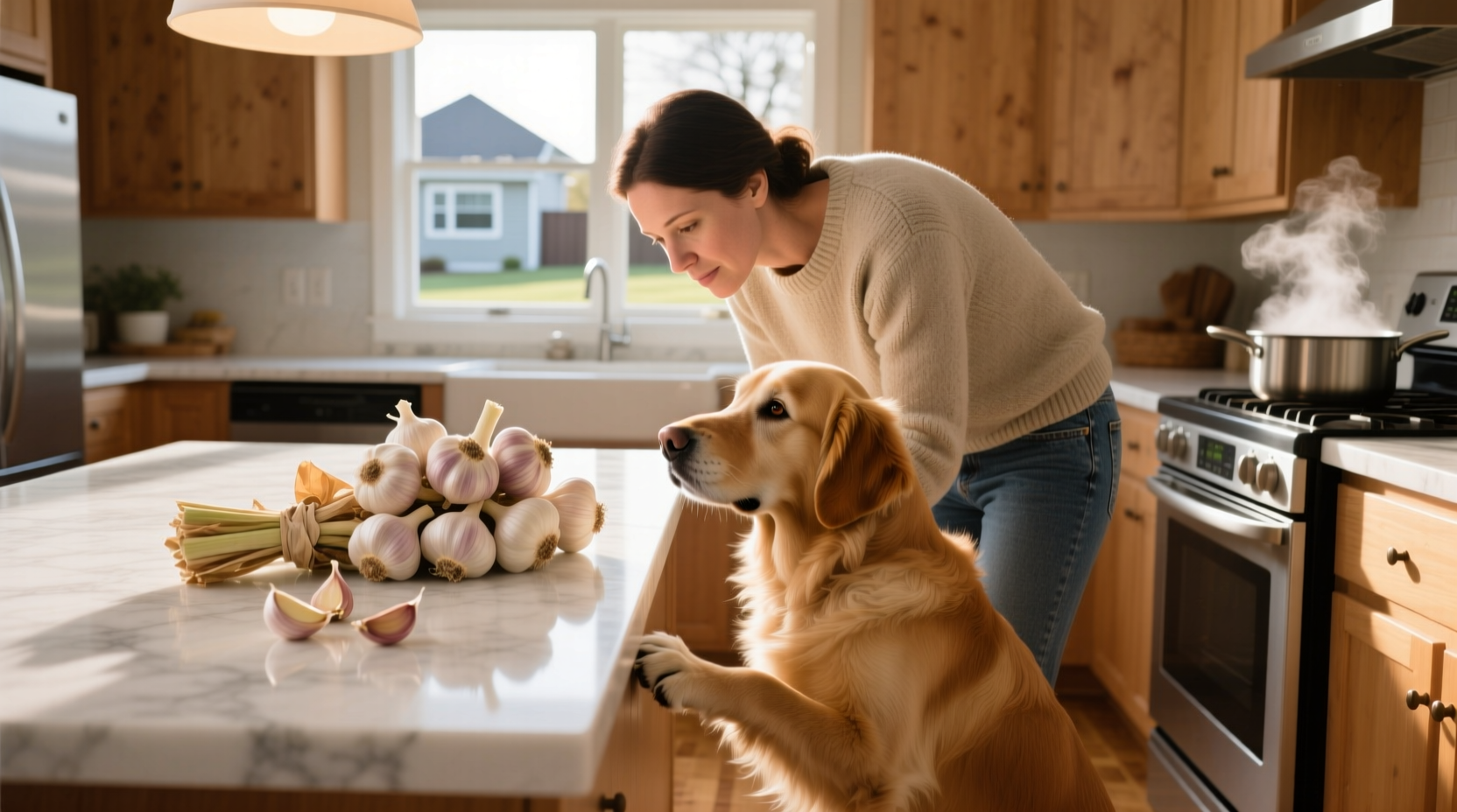 Dog owner checking garlic in kitchen