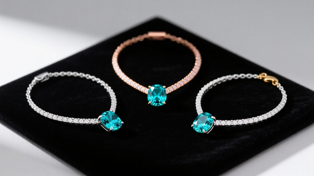Three teal sapphire necklaces in platinum, rose gold, and white gold, showing how different metal alloys shift the gemstone color.