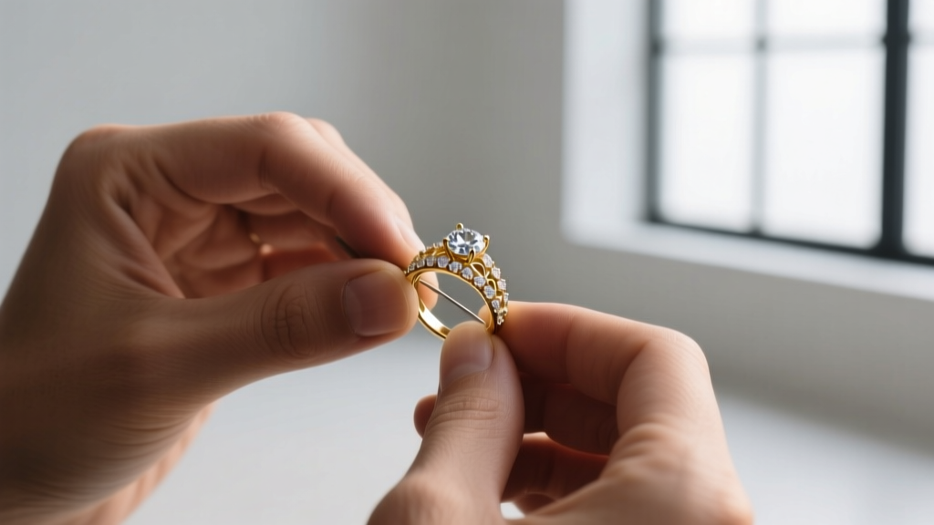 Jeweler's loupe inspecting a 925 hallmark stamped on the hidden bail of a vintage silver religious necklace on a wooden workbench