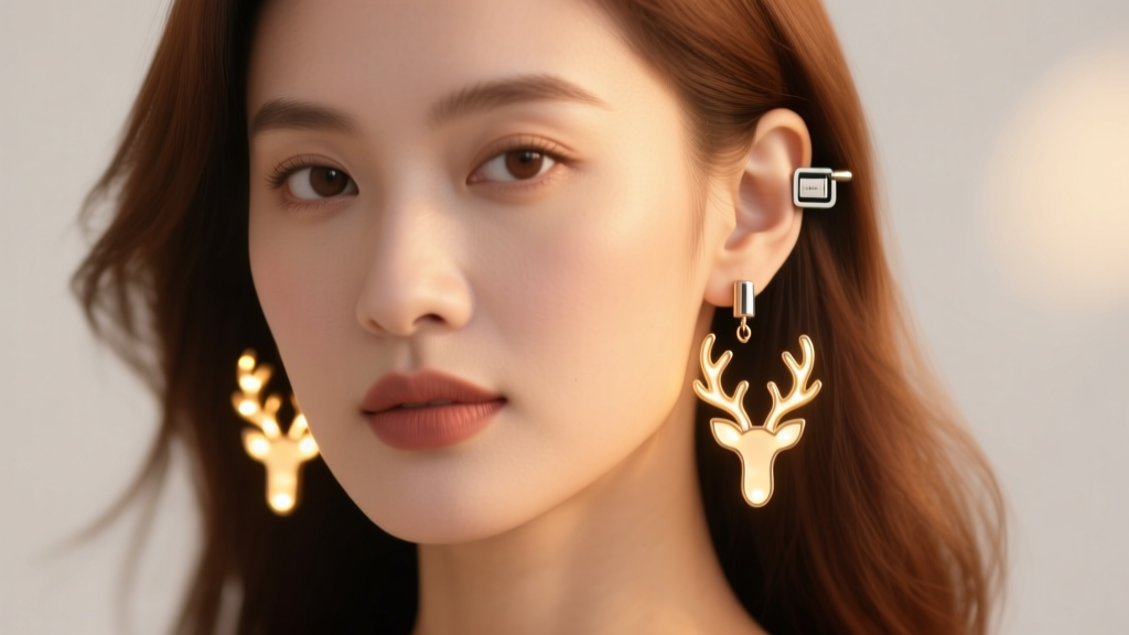 Woman wearing reindeer LED dangle earrings showing hidden behind-ear battery clip and titanium post in warm lighting