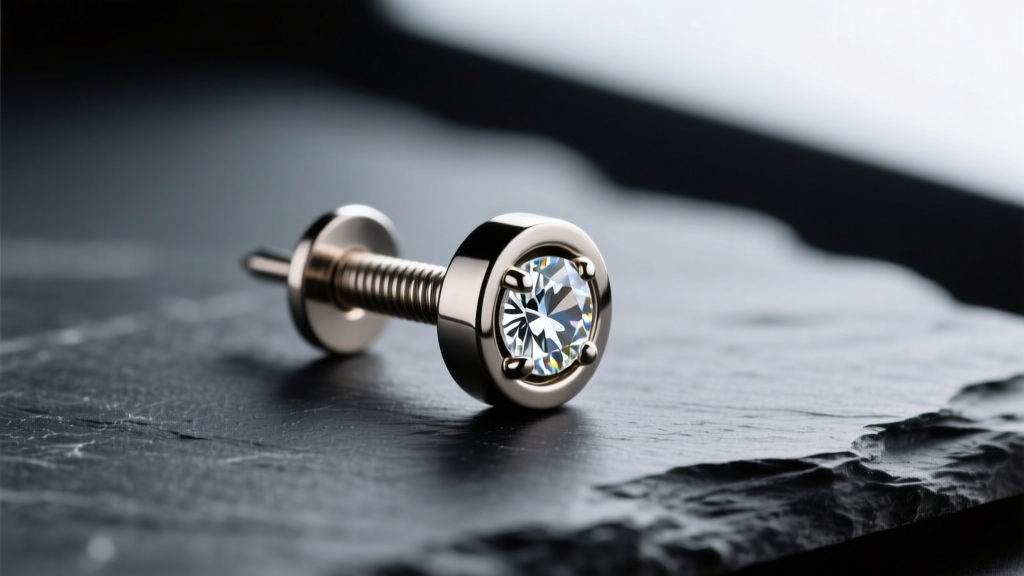 Macro photo of a 20-gauge internally threaded titanium earring stud post with a bezel-set diamond resting on dark slate surface.