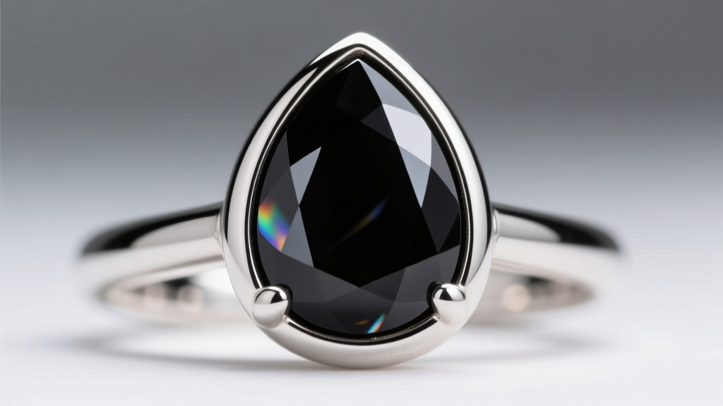 Extreme close-up of a secure bezel setting holding a teardrop black onyx stone in sterling silver, showing the smooth metal lip.