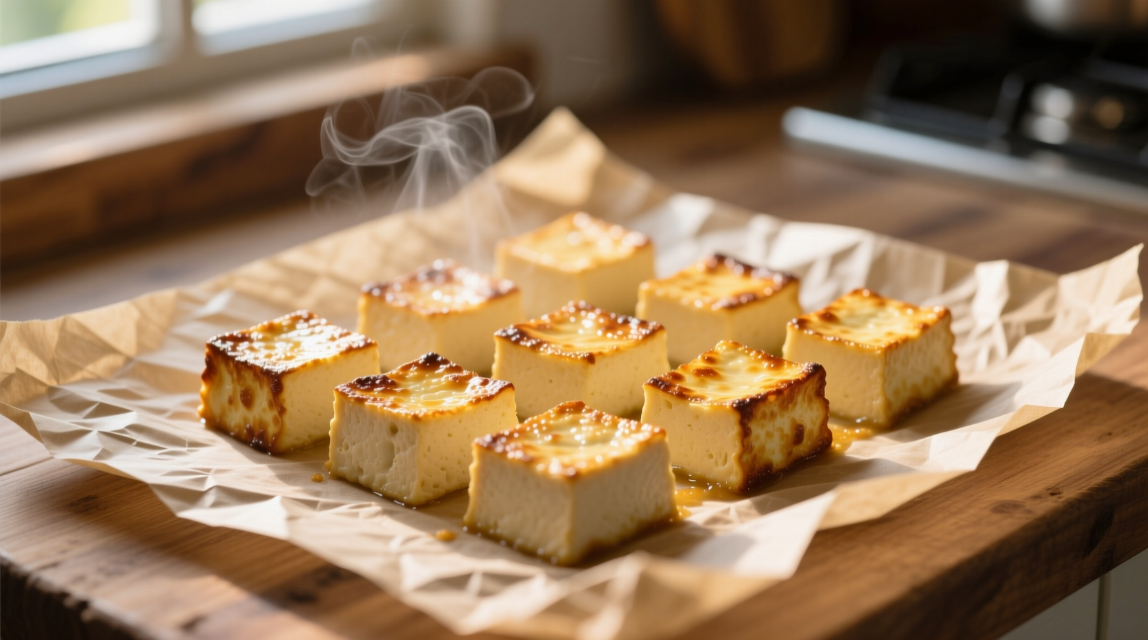 Golden baked tofu cubes on parchment paper