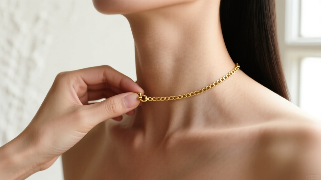 Hand gently unclasping a delicate gold-filled necklace at the nape of the neck, demonstrating the first-off removal technique.