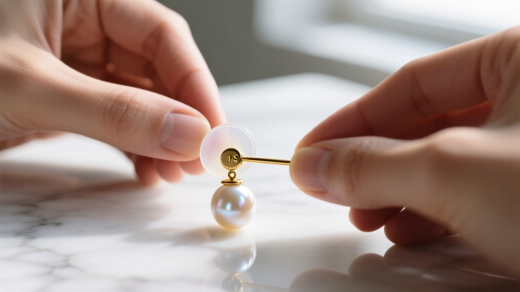 Hands assembling a front back pearl earring, sliding a silicone back onto an 18-gauge gold post on a white marble surface