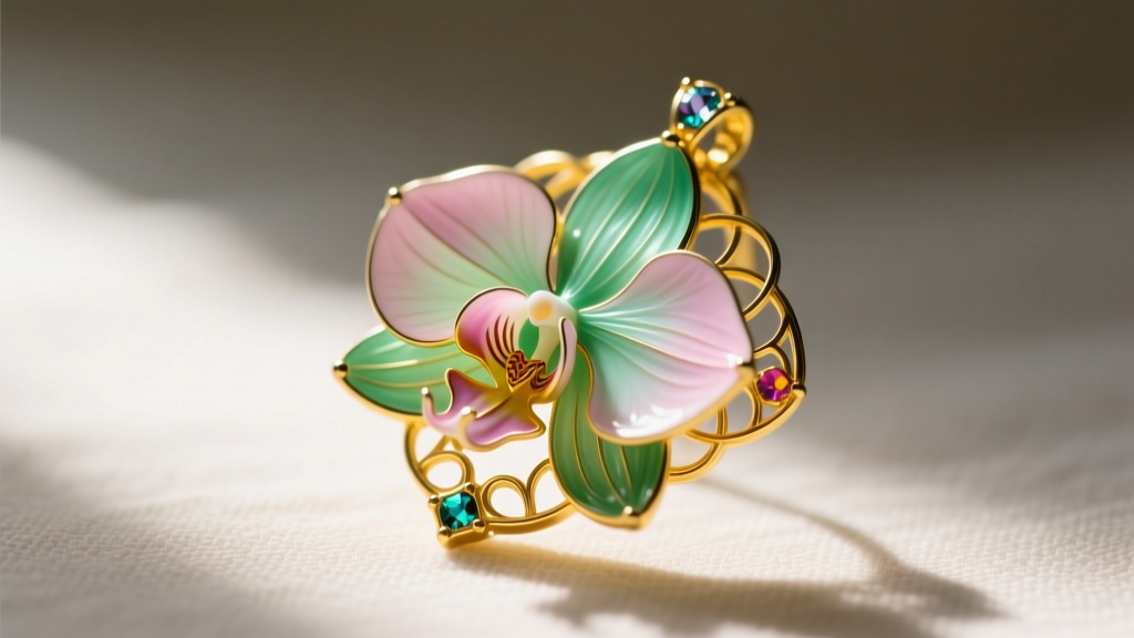 Side view of a vintage plique-a-jour enamel orchid pendant showing translucent green and pink petals set in yellow gold.
