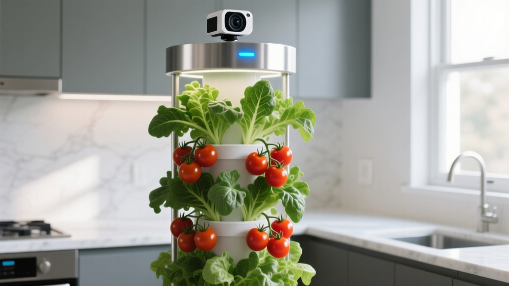 Close-up of vertical hydroponic tower with AI camera monitoring vibrant leafy greens and cherry tomatoes in bright kitchen.