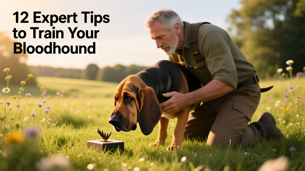 A trainer kneeling beside a Bloodhound, gently guiding its nose toward a scent article on grass
