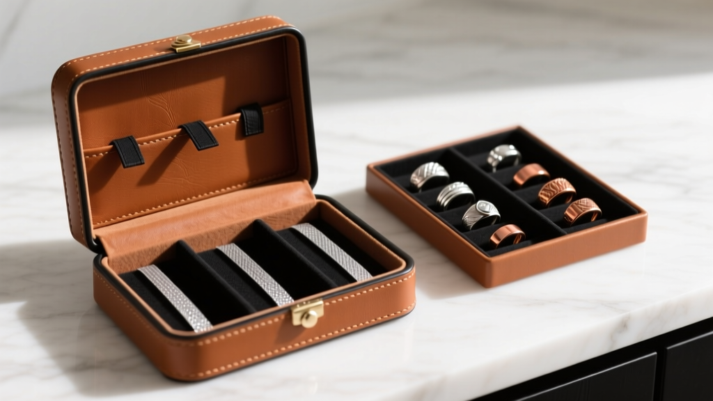 Open leather jewelry holder organizer with anti-tarnish strips in the lining next to separated sterling silver and copper rings