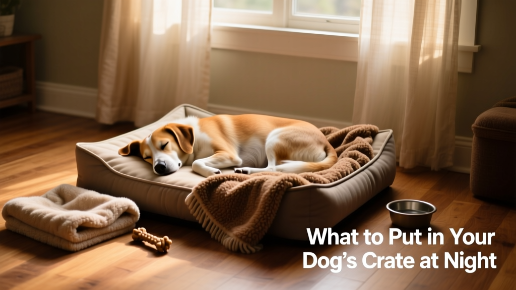 A calm, softly lit room with a dog peacefully sleeping on a padded crate lined with a soft blanket
