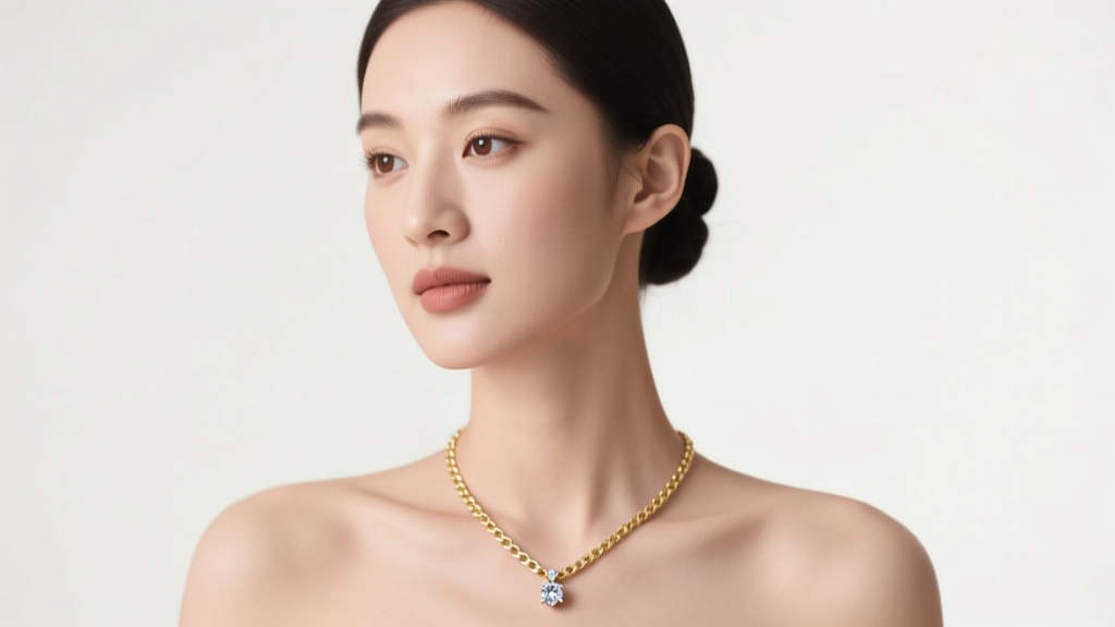 Elegant woman wearing an 18-inch gold princess chain with a small solitaire diamond pendant, soft studio lighting, front view.
