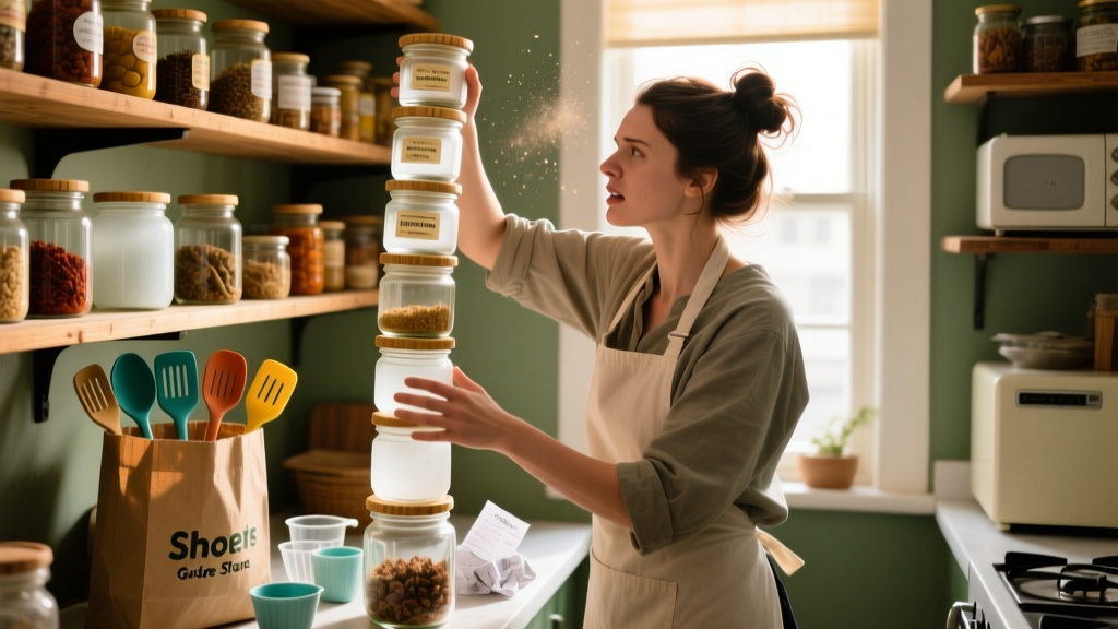 Novice cook struggling to stack mismatched glass jars with bamboo lids in a cluttered pantry holding a kitchen gadgets store shopping bag