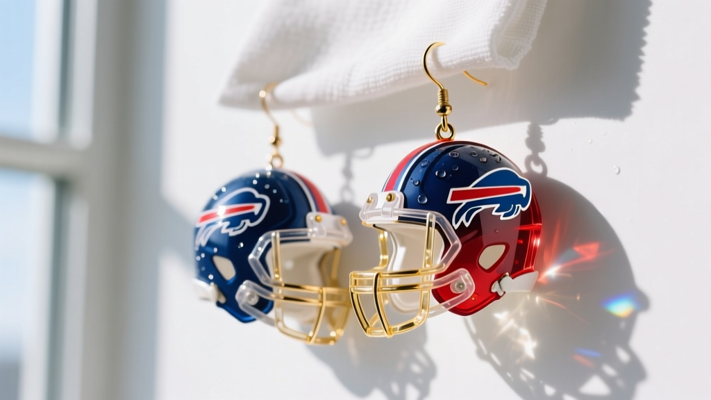 Acrylic Buffalo Bills helmet dangle earrings being gently wiped with a damp lint-free cloth under bright natural window lighting