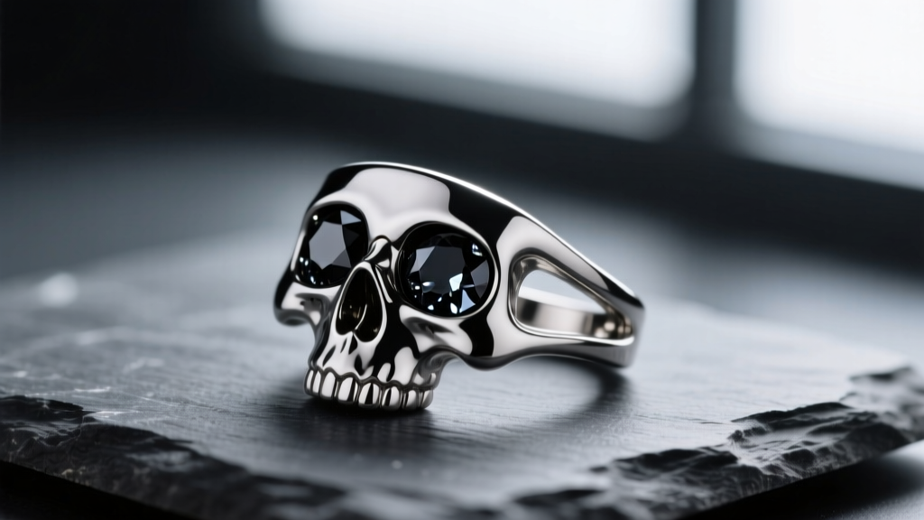 Macro shot of an implant-grade titanium skull ear cuff with black zirconia eyes, resting on dark slate with moody lighting