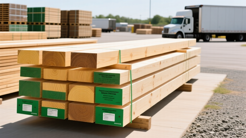 Stacks of pressure-treated Southern Yellow Pine lumber with green ground-contact end tags at a bright outdoor retail lumber yard