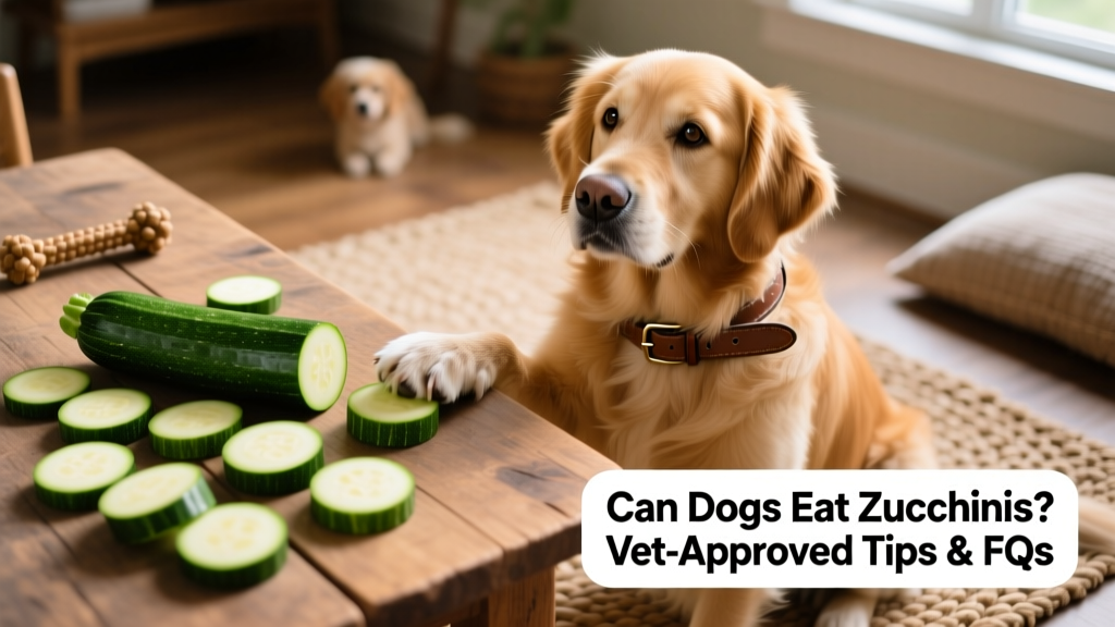 Fresh green zucchini slices next to a happy dog sitting calmly on the floor
