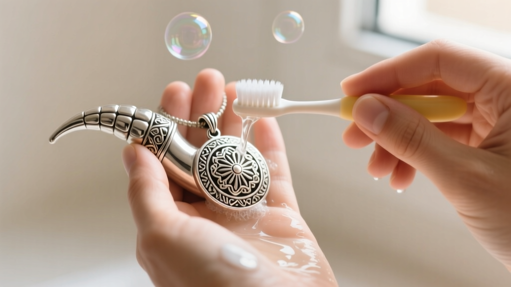 Close-up of hands gently scrubbing a sterling silver cornicello pendant with a soft-bristled baby toothbrush and mild soapy water