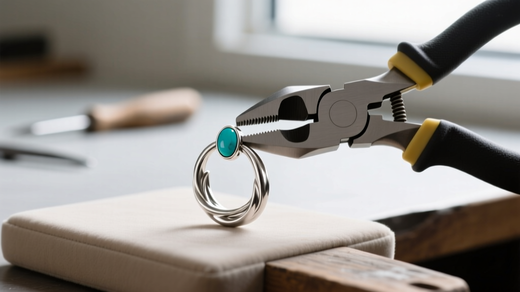 Nylon-jawed pliers gently reshaping a warped 20-gauge sterling silver turquoise hoop earring on a padded jeweler workbench