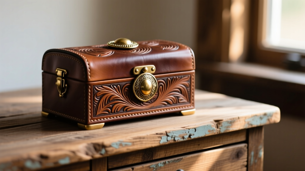 Close-up of a hand-tooled full-grain leather western jewelry box with brass conchos resting on a rustic reclaimed wood dresser