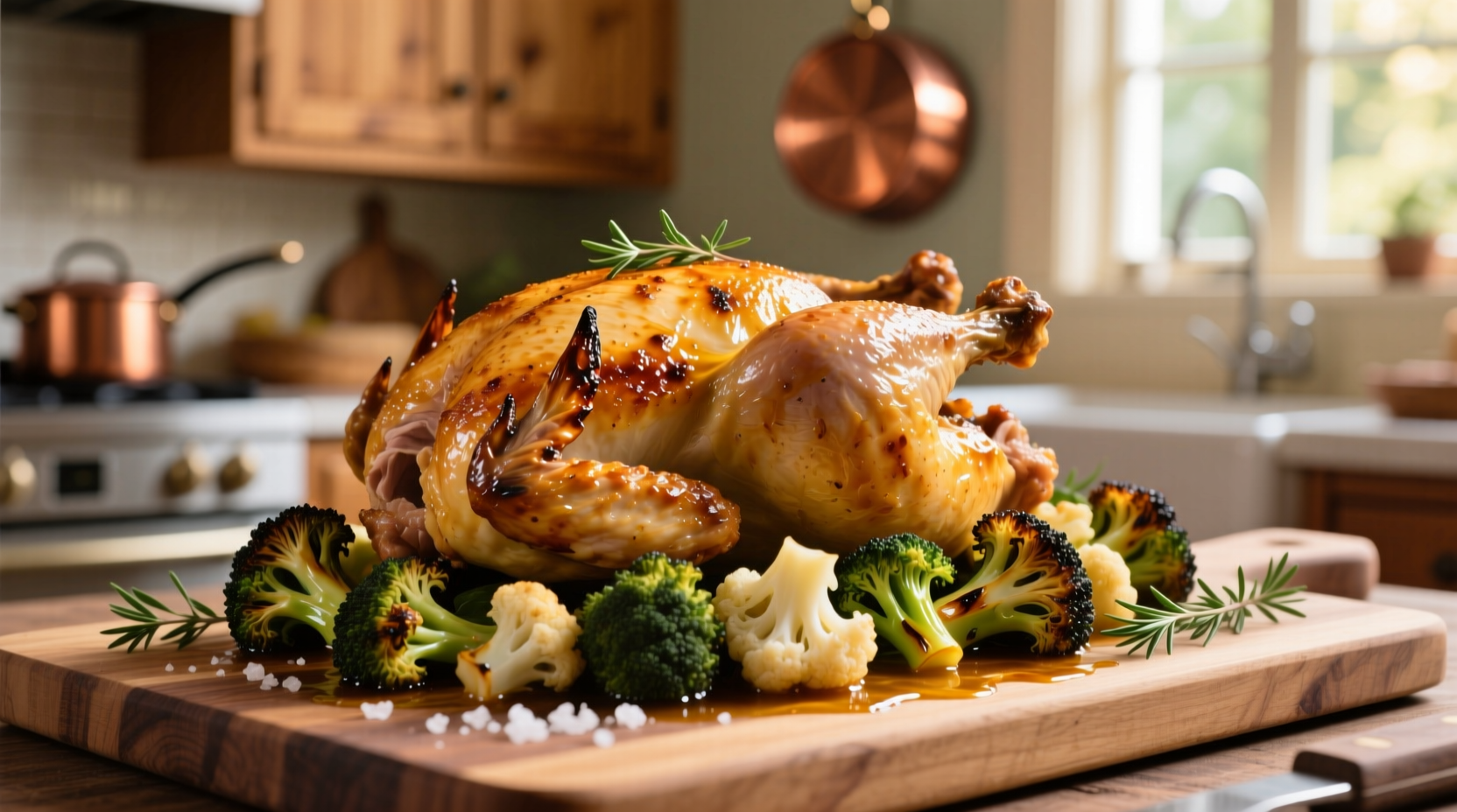 Golden chicken with roasted broccoli and cauliflower