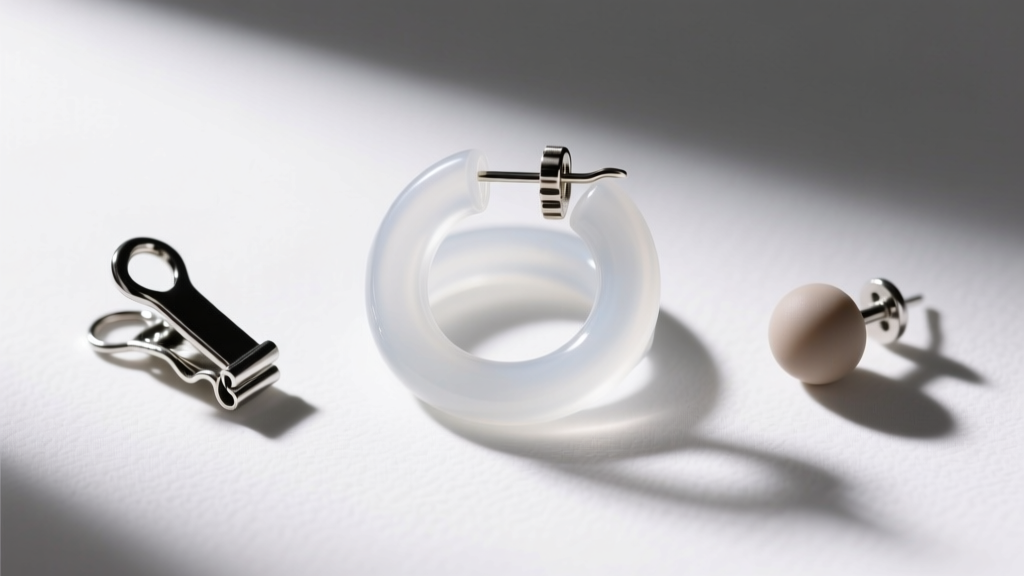 Flat lay of three hook earring backs: a clear silicone O-ring, a hinged metal French wire clip, and a small rubber bullet clutch