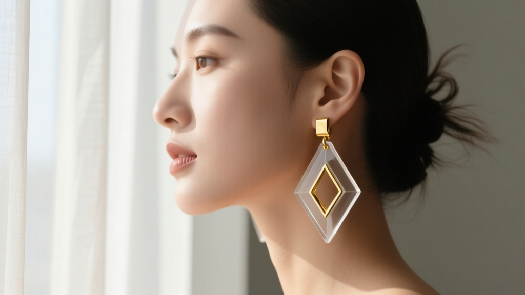 Side profile of a woman wearing geometric resin and gold-tone drop earrings, soft window lighting highlighting the material texture.