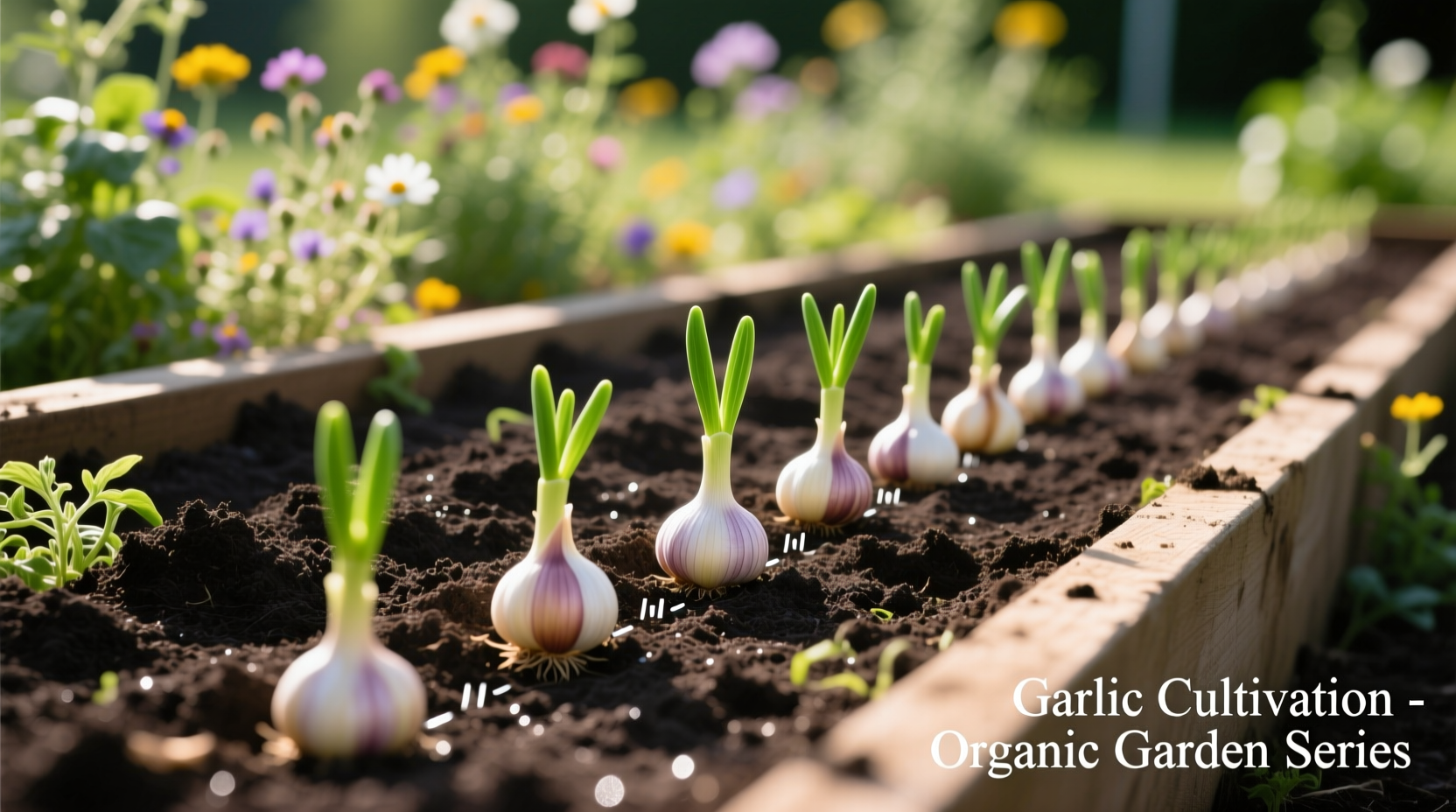 Garlic cloves properly spaced in garden bed