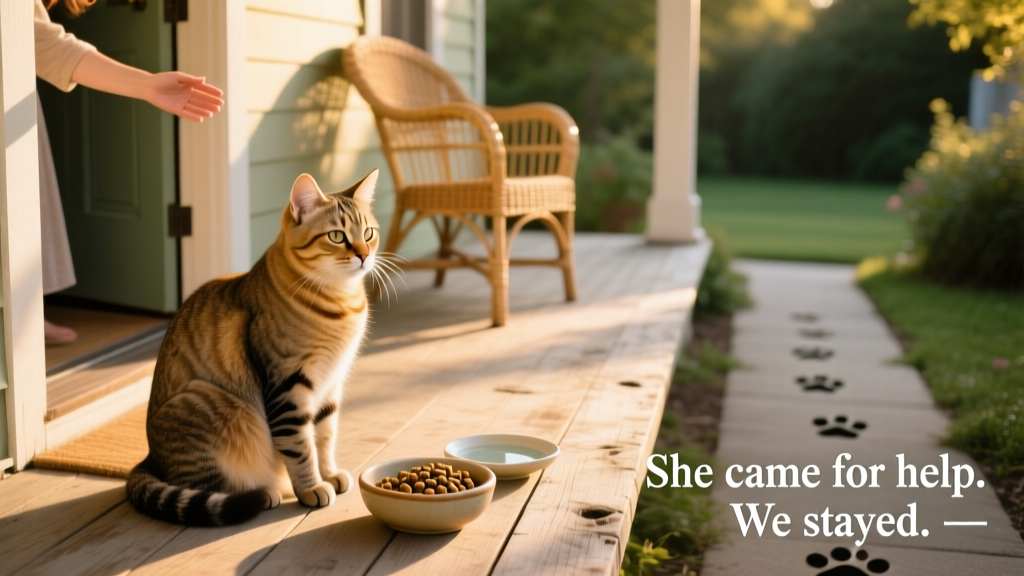A gentle, pregnant tabby cat sitting on a sunlit front porch beside a small bowl of food