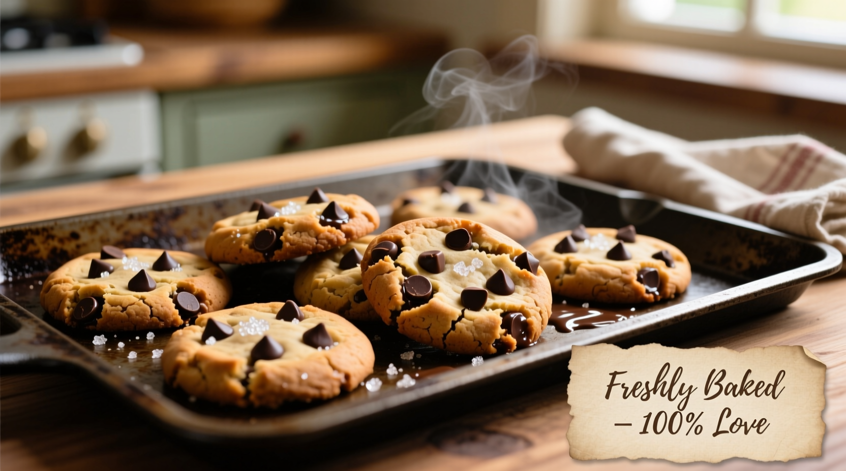 Golden brown chocolate chip cookies on baking sheet