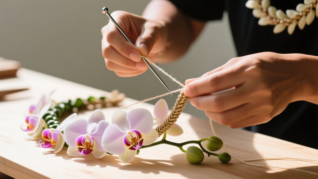 Hands stringing fresh orchid blooms into a Lei Kui necklace with a steel needle and cotton thread in a bright, sunlit studio
