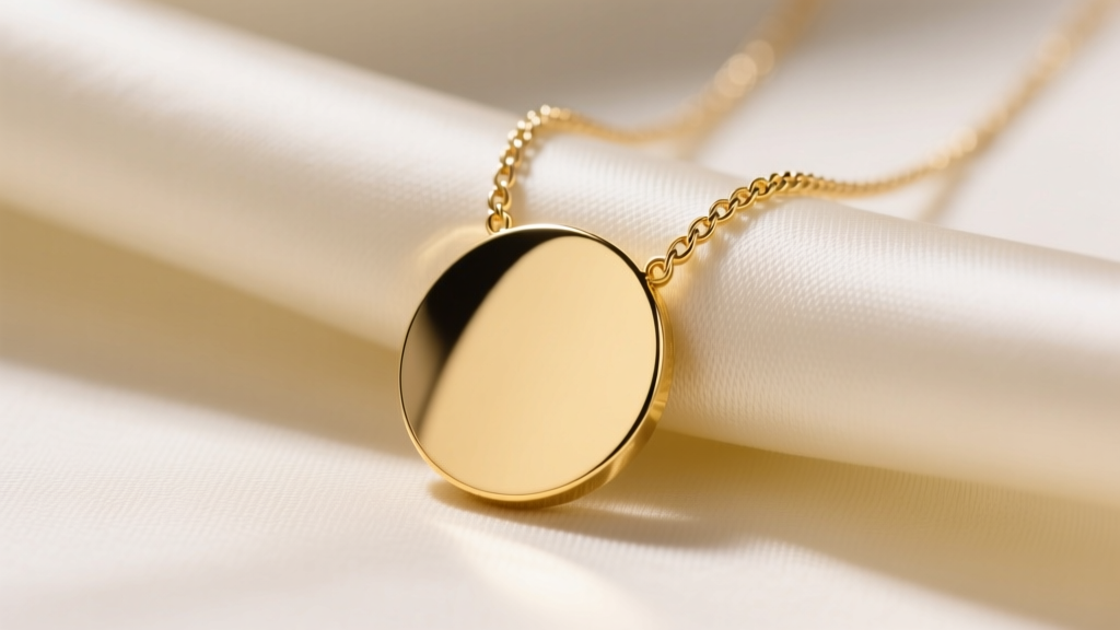 Close-up of a polished 14k yellow gold disc necklace on cream silk, highlighting the high-shine surface and delicate cable chain.