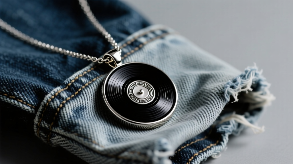 Close-up of a black enamel and sterling silver record necklace pendant resting on a vintage denim jacket, soft studio lighting.