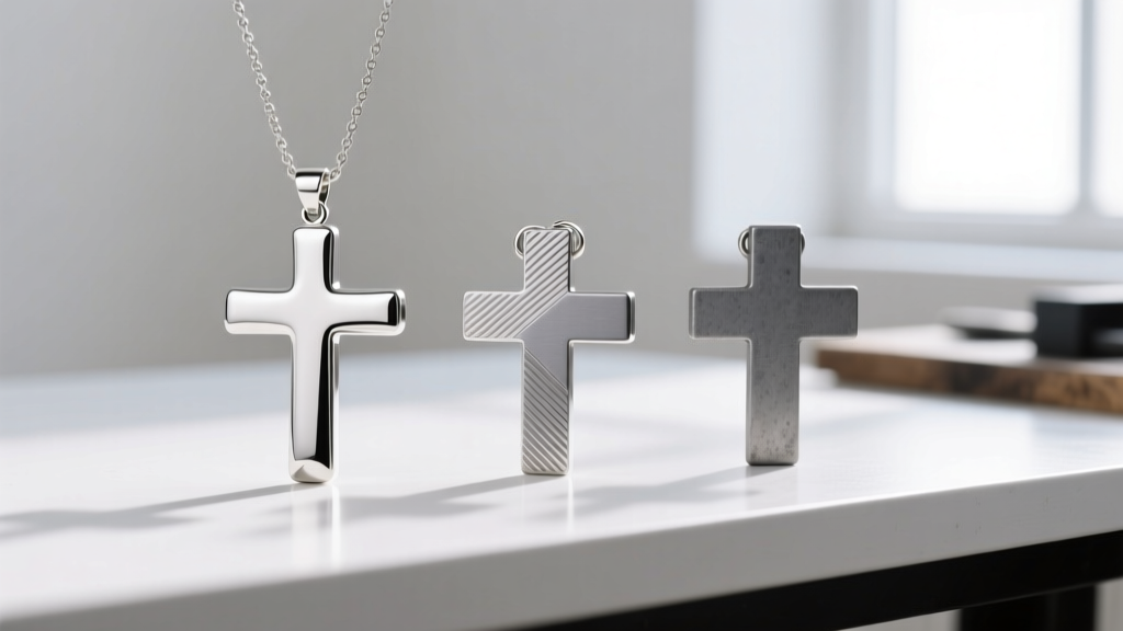 Three cross pendants on a workbench, showcasing polished silver, brushed titanium, and dull zinc alloy side by side for review.