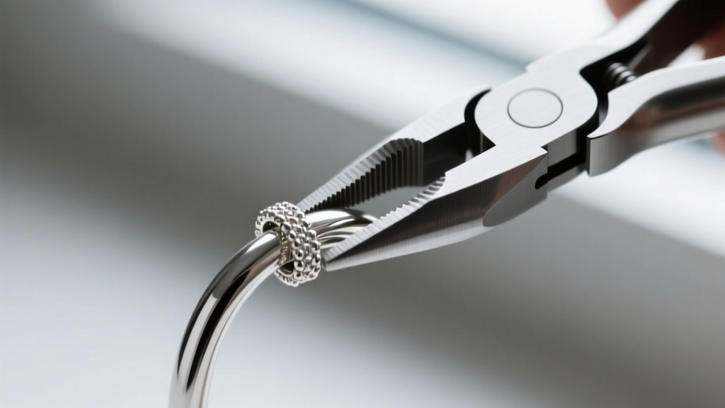 Close-up of sterling silver 2x2mm crimp tubes being compressed into a neat fold using professional micro-crimping jewelry pliers.