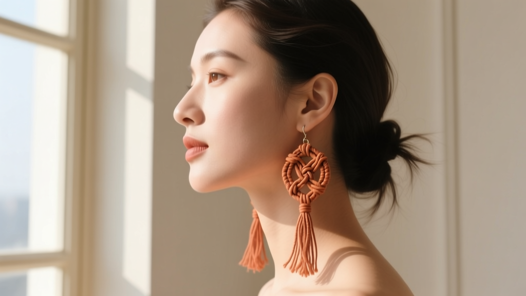 Woman in profile wearing lightweight woven macrame thread earrings in terracotta tones, showing the dangle length near her jawline