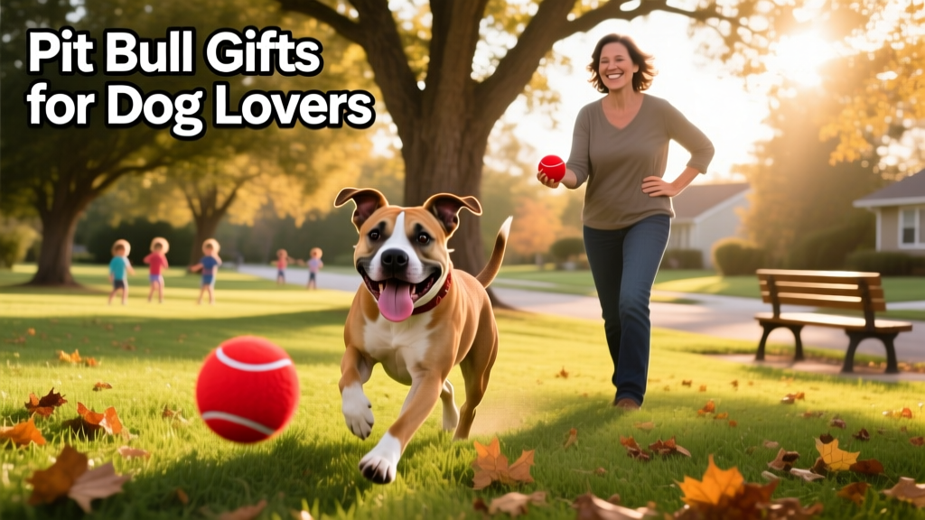 A happy Pit Bull playing fetch in a sunny park with their owner nearby