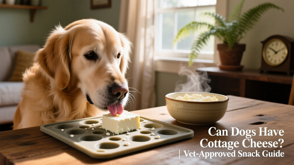 Senior dog gently licking cottage cheese from a lick mat