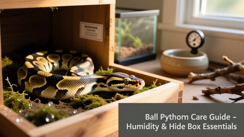 Close-up of a ball python resting in a hide box with moist sphagnum moss