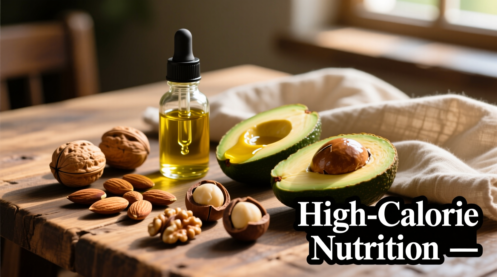 Variety of calorie-dense foods including nuts, avocado, and olive oil