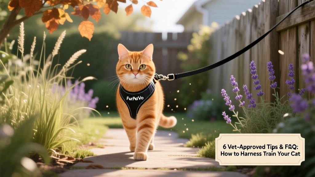 A confident ginger cat walking calmly on a leash in a sunlit backyard, wearing a FurPetVo harness